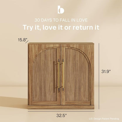 BELLEZE 32.5" Accent Cabinet with Adjustable Shelves, Kitchen Storage Cabinet with Fluted Arched Design,Modern Credenza with Gold Handles for Entryway,Living Room,Dining Room - Camel