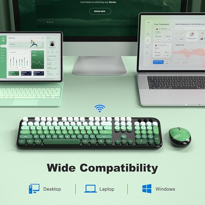 MOFII Wireless Keyboard and Mouse Combo,2.4G Typewriter Keyboard Quiet Mice | Retro Full Size Computer Keyboards,Cute Mouse, USB Dongle Plug and Play, for PC,Laptop,Desktop,Windows (Black Green Gradient)