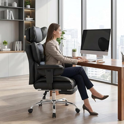 DUMOS Big and Tall Home Office Desk Chair, Ergonomic Executive Chair with Footrest, Computer Gaming Chairs with High Back Reclining, Adjustable Armrests and Comfy Lumbar Support, PU Leather, Black