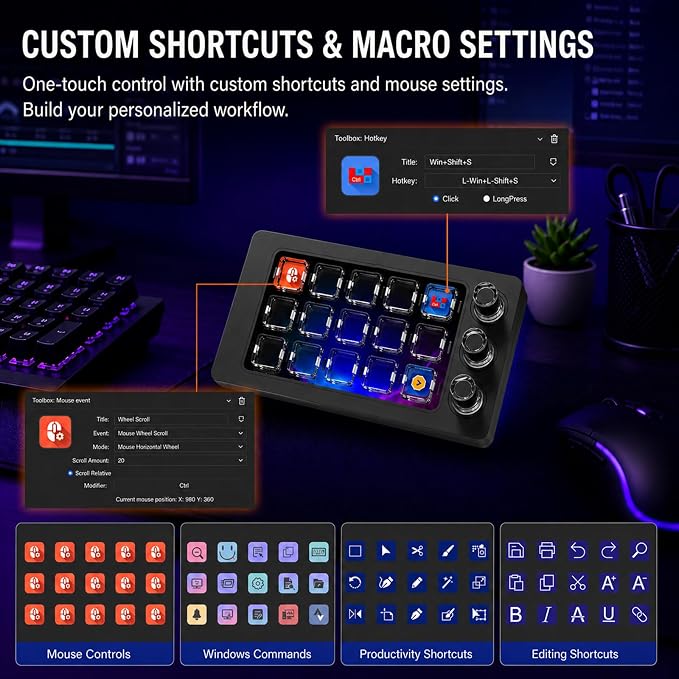 ActionRing Stream controller deck for PC Work and Live streamers,Macro Pad for video and image editing,World's First-Ever Transparent Magnetic Stream Dock(Black)