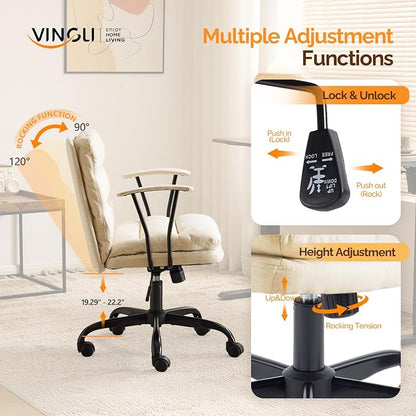VINGLI Comfortable Office Desk Chairs with/No Wheels,Dual-Base,Removable Armrests,Adjustable Comfy Swivel Computer Task Nail Tech Chair for Office,Sewing,Makeup Vanity,Teen,Linen Fabric,Pale Yellow