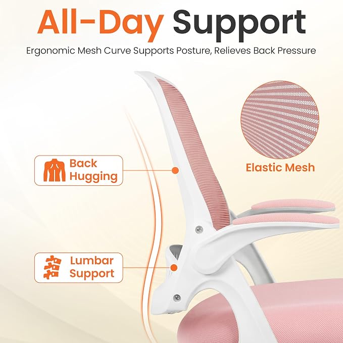 NEO CHAIR Office Chair Computer Desk Chair Ergonomic Gaming Comfy Mesh with Flip-up Arms Lumbar Support Adjustable Height Rolling Wheels for Home Office (Pink)