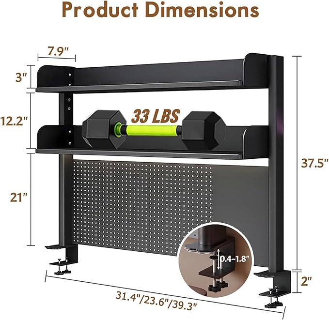 CHSSIH Clamp On Desk Pegboard Shelf - Metal Desktop Organizer Hutch with 2 Shelves for Storage and Display, Desk Add-On Shelf for Office, Dorm, or Computer Monitor Stand, Black, 23.6In