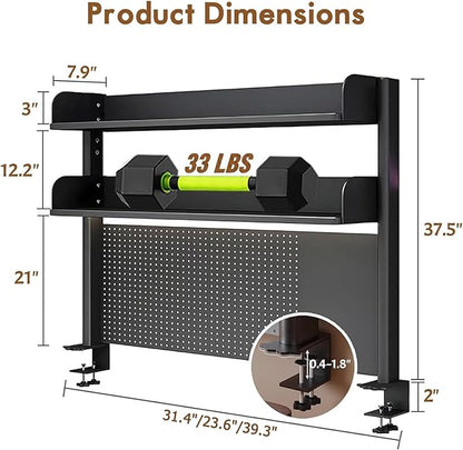 CHSSIH Clamp On Desk Pegboard Shelf - Metal Desktop Organizer Hutch with 2 Shelves for Storage and Display, Desk Add-On Shelf for Office, Dorm, or Computer Monitor Stand, Black, 39.3In
