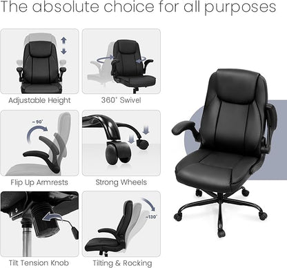 NEO Chair Ergonomic Office Chair Executive Computer Desk Chair Gaming High Back Support Comfy Seat Flip-up Arms Adjustable Height Swivel Rolling Wheels PU Leather for Home (Dark Black)