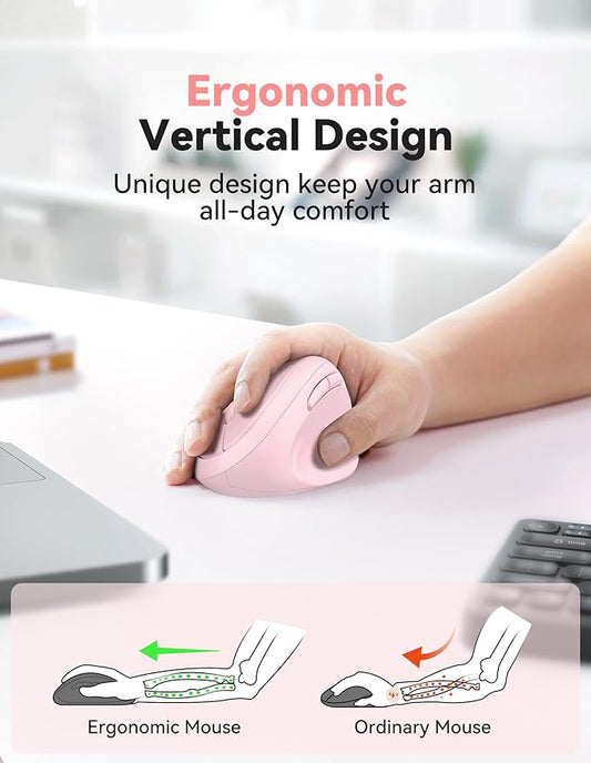 TECKNET Ergonomic Mouse, 4800 DPI Wireless Vertical Mouse, 5 Adjustable DPI Levels, 6 Buttons, 2.4G Silent Wireless Mouse for Laptop, PC, Chromebook - Pink