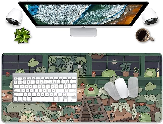 Cute Frog Desk Mat Mouse Pad,Cartoon Frog Desk Pad,Kawaii Green Desk Decor,Desk Mat for Frog Desktop,Stitched Edges Non-Slip Waterproof Rubber Base Mous Mat for Office Home Work Gaming(27.5X11.8 in)