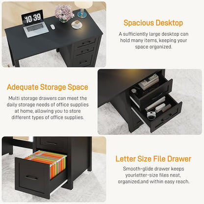 Vabches Farmhouse 47” Executive Desk with File Drawer, Mutual Installation Rustic Computer Desk with 2 Storage Drawers,Office Home Workstation for Work Study Writing, Black