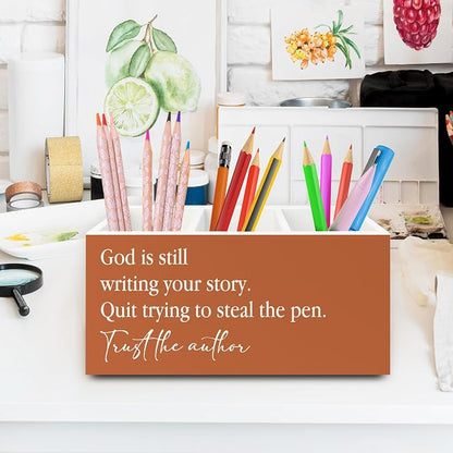 Inspirational Christian Pen Pencil Holder Organizer for Desk, God Is Still Writing Your Story Bible Verse Religious Terracotta Wooden Box Sign for Office Home Desk Tabletop Decorations