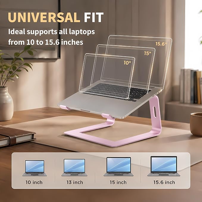 Orionstar Ergonomic Laptop Stand, Premium 5mm Aluminum Riser for 10-15.6 Inch Notebook Computer, Tool-Free Detachable Elevator Holder for Desk Office, Sturdy Riser for Eye-Level Neck Relief (Pink)