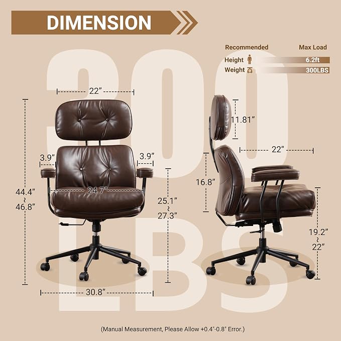 Home Office Chair,Ergonomic Computer Chair with Lumbar Support Adjustable Height,Mid-Century Modern Office Chair with Rolling Swivel Chair for Home Office Game Study(PU Leather Chair,Coffee)