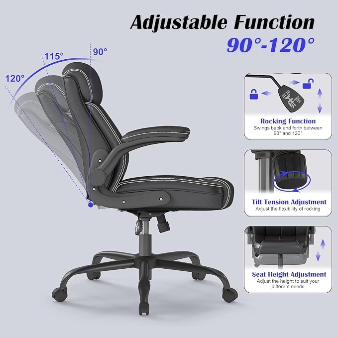 AnyGod 1Pcs Office Chair for Men Women Home Office Pu Leather 360 Swivel Rocking Function Ergonomic Chair with Flip-Up Arms Lumbar Support Rolling Wheels Adjustable Height -Black Size