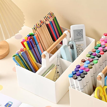 Buqoo Desk Organizer with 8 Compartments, Plastic Makeup Organizer with Wooden Handle, Pen Holder for Desktop Storage, Desk Organization for School, Home, Office Supplies (White)