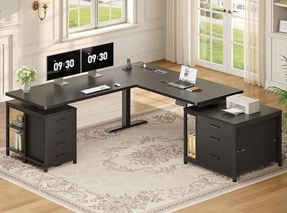 SEDETA L Shaped Electric Standing Desk with 7 Drawers, 63"×55.1" Height Adjustable Stand Up Desk with Power Outlets, 28.3"-47.2" Sit Stand Desk with Storage Shelves, 3 Memory Presets, Black