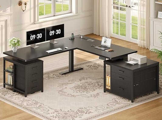 SEDETA L Shaped Electric Standing Desk with 7 Drawers, 63"×55.1" Height Adjustable Stand Up Desk with Power Outlets, 28.3"-47.2" Sit Stand Desk with Storage Shelves, 3 Memory Presets, Black