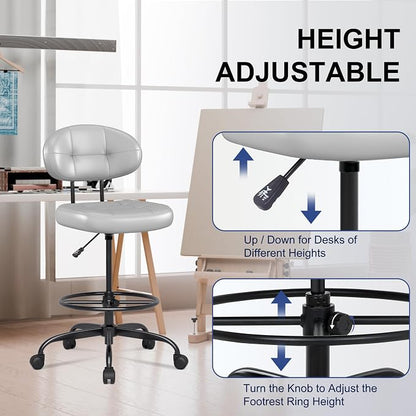 Misolant Drafting Chair, Armless Tall Office Chair with Footrest Ring for Standing Desk, Small Faux Leather Executive Computer Chair with Adjustable Height for Bar Lab Counter Height Desk, Gray