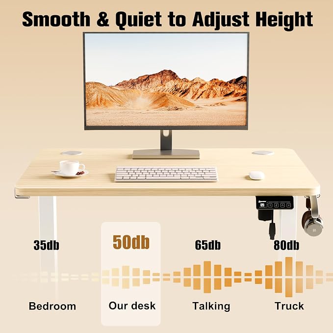 ERGOMAKER Electric Standing Desk, 31.5" x 23.6" Height Adjustable Sit Stand Desk with Splice Board for Home Office, Computer Desk Memory Preset (White Frame, Gold Oak Desktop)