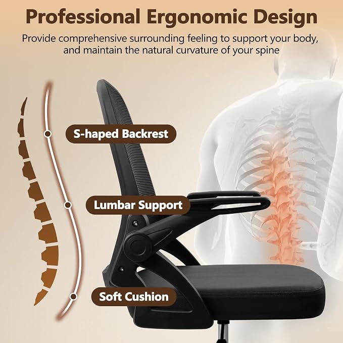 CLATINA Office Chair with Wheels, Ergonomic Flip Up Arms Mesh Back Desk Chairs with Lumbar Support, PU Leather Seat Adjustable Height Swivel Rolling Computer Task Chair for Study Home School, Black