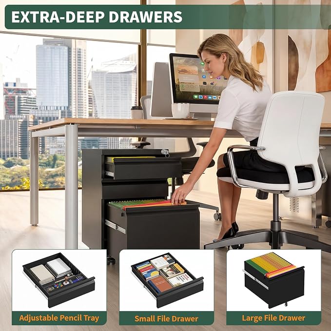 3 Drawer File Cabinet with Lock,Under Desk Filing Cabinet for Home Office Storage Letter/Legal/A4,Mobile Steel Cabinets with Wheels,Fully Assembled,Black