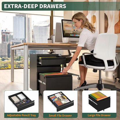 3 Drawer File Cabinet with Lock,Under Desk Filing Cabinet for Home Office Storage Letter/Legal/A4,Mobile Steel Cabinets with Wheels,Fully Assembled,Black