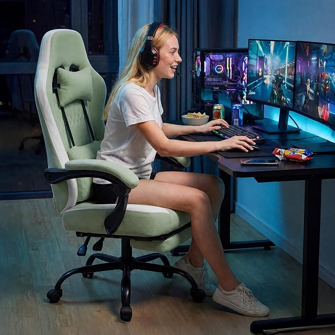 Computer Gaming Chair - High Back Ergonomic Desk Chair with Footrest and Lumbar Support, Height Adjustable Task Chair with Linkage Armrests and Headrest, 360° Swivel Wheels, Green