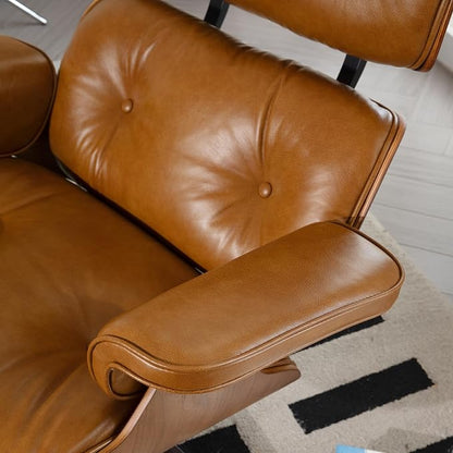 Mid Century Chaise Lounge Chair with Ottoman, Luxury Oil-Waxed Leather Reading Chair, Modern Chair Classic Design, Heavy Duty Base Support for Living Room Study Lounge Office Walnut Light Brown