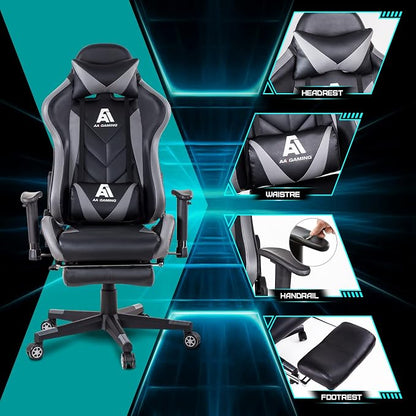 AA Products Gaming Chair High Back Ergonomic Computer Racing Chair Adjustable Office Chair with Footrest, Lumbar Support Swivel Chair - Grey