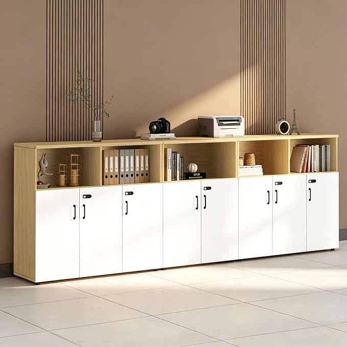 File Cabinet with Password Lock, Wood Lateral Filing Cabinet for Letter/A4 Files, 3 Drawer with Door, Printer Stand with Open Shelves for Home Office