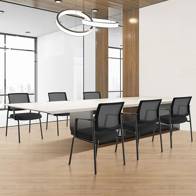 Mesh Back Stacking Arm Chairs, Office Reception Guest Chair with Upholstered Fabric Seat and Ergonomic Lumber Support, Sturdy Metal Office Chairs, Black-4pack