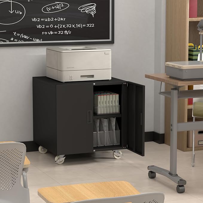 Printer Stand with Storage, Metal Printer Table for Home Office, Heavy Duty Printer Stand with Shelf, Large Table with Wheels for Printers, Mobile Cabinet for Workplace, Fits Fax, Scanner
