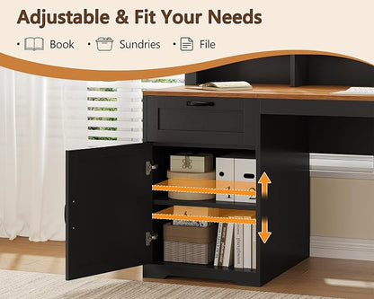 YOMILUVE Farmhouse 63" L Shaped Desk with Drawers and Storage Shelf, Home Office Desk with Power Outlets, Storage Cabinet, Corner Computer Desk with Long Monitor Stand, Brown and Black
