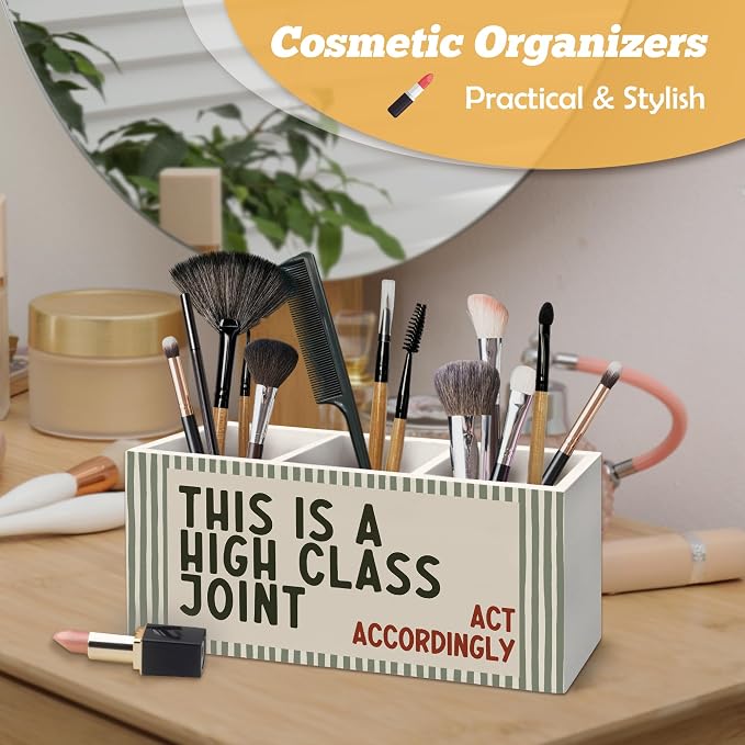 Funny Pen Holder Organizer for Desk Accessories, Funny Classroom Decor, This is a High Class Joint Act Accordingly Olive Green Striped Wooden Box Sign Desk Decorations for Home Office Decor