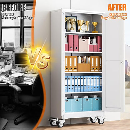 pozdeg 71" Metal Garage Storage Cabinets with Wheels, Lockable Rolling File Cabinets with 2 Doors and 4 Adjustable Shelves, Steel Tool Organizer Locker for Office Home Garage Gym School, White