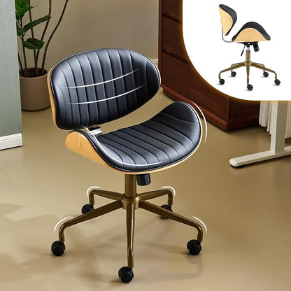 VINGLI Wide Comfotable Swivel Home Office Chair with Wood-Grain Curved Shell,Ergomomic Mid-Back Padded Armless Rolling Desk Chair with Wheels,Height Adjustable for Computer,Task,Work,PU Leather,Black