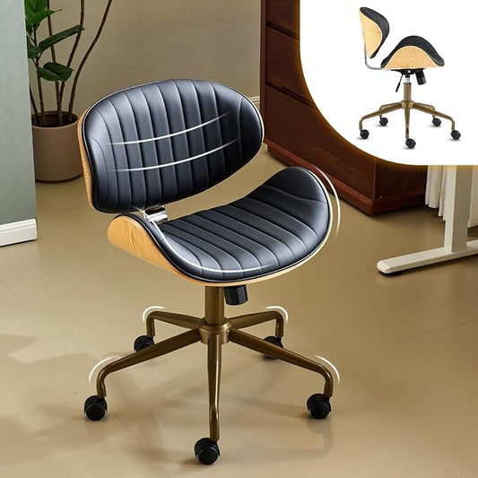VINGLI Wide Comfotable Swivel Home Office Chair with Wood-Grain Curved Shell,Ergomomic Mid-Back Padded Armless Rolling Desk Chair with Wheels,Height Adjustable for Computer,Task,Work,PU Leather,Black
