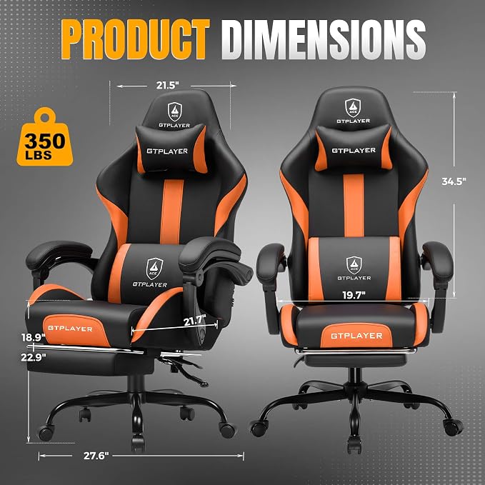 GTPLAYER Gaming Chair with Pocket Spring Cushion, Leather Office Chair with Ergonomic High Back & Lumbar Support for Back Pain Relief, Computer Game Chair for Adults, Orange