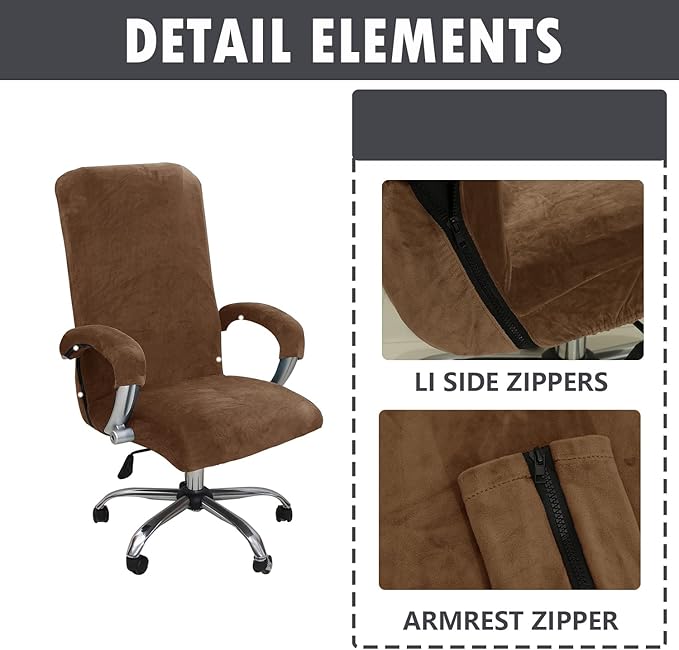 Velvet Plush Office Desk Chair Cover for Ergonomic, Brown, XL | Stretchable, Wide Large, Cat Proof Elastic, Fits Mesh and Executive Chairs, With Wheels and Armrests, Removable