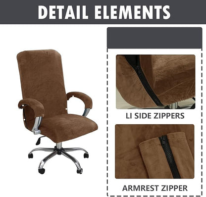 Velvet Plush Office Desk Chair Cover for Ergonomic, Brown, XL | Stretchable, Wide Large, Cat Proof Elastic, Fits Mesh and Executive Chairs, With Wheels and Armrests, Removable