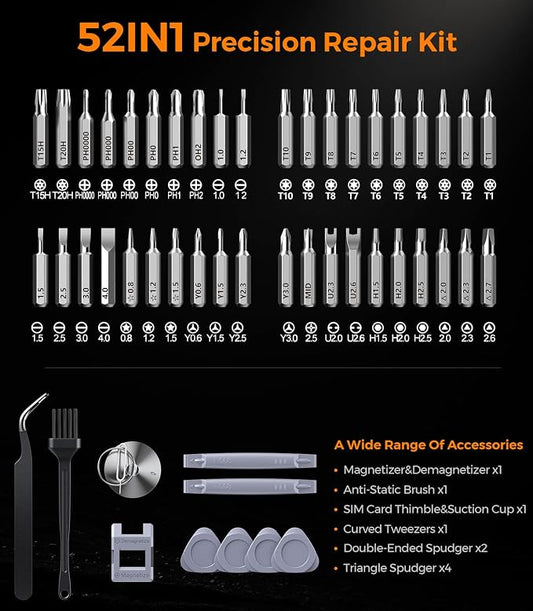 [Updated] Wesdut 52 in 1 Precision Screwdriver Set, [Super Durable] S2 Alloy Magnetic Screwdriver Repair Kit, Portable Mini Electronics Repair Tool for Phone Laptop PC Xbox Switch Watch Eyeglasses