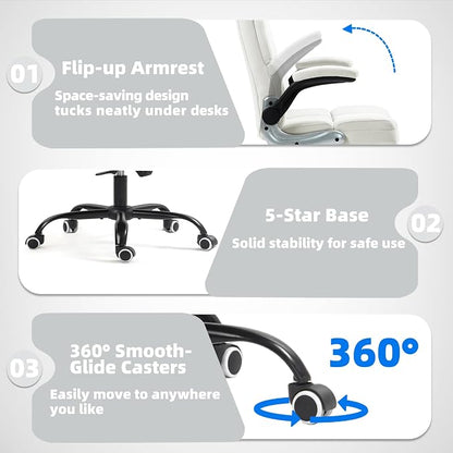 ECOTOUGE Executive Office Chair, Velvet Ergonomic Comfy Desk Chair, High Back Computer Chair with Adjustable Tilt Angle and Flip-up Arms, Beige, Without Footrest