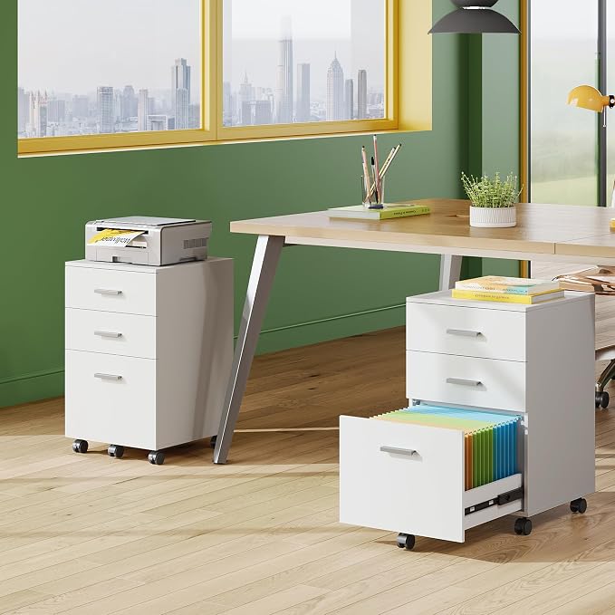 DEVAISE 3 Drawer Wood Mobile File Cabinet, Rolling Filing Cabinet for Letter/A4 Size, White