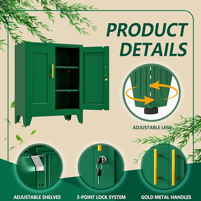 winiowa Tall Metal Storage Cabinet with Lock, Locking File Cabinet with 2 Doors and 2 Adjustable Shelves, Green Lockable Organizer for Home Office Garage（27.6" W）