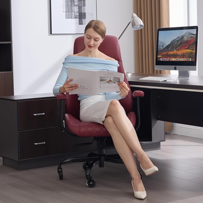 Office Chair with Rubber Wheels, Ergonomic Computer Chair 500 lbs, Leather Desk Chair with Lumbar Support, Executive Chair Adjustable Height & Recline, Red | Ergonomic, Lumbar Support, 360° Swivel & Rolling Wheels, Adjustable Height, for Adults & Women