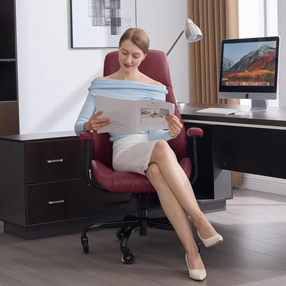 Office Chair with Rubber Wheels, Ergonomic Computer Chair 500 lbs, Leather Desk Chair with Lumbar Support, Executive Chair Adjustable Height & Recline, Red | Ergonomic, Lumbar Support, 360° Swivel & Rolling Wheels, Adjustable Height, for Adults & Women