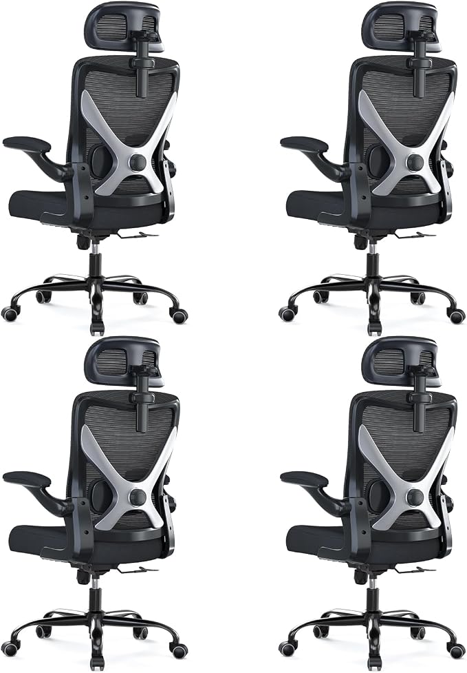 Ergonomic Office Chair - X-Shaped Computer Desk Chair Comfy, Gaming Chair, Office Chair with Lumbar Support, Mesh Office Chairs with Headrests, Desk Chair for Long Hours, Black Silver, Pack of 4