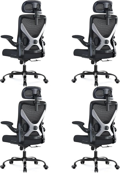 Ergonomic Office Chair - X-Shaped Computer Desk Chair Comfy, Gaming Chair, Office Chair with Lumbar Support, Mesh Office Chairs with Headrests, Desk Chair for Long Hours, Black Silver, Pack of 4