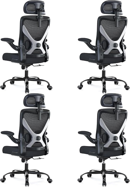 Ergonomic Office Chair - X-Shaped Computer Desk Chair Comfy, Gaming Chair, Office Chair with Lumbar Support, Mesh Office Chairs with Headrests, Desk Chair for Long Hours, Black Silver, Pack of 4