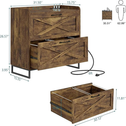 Vabches Lateral File Cabinet 2 Drawer File Cabinet with Charging Station for Legal/Letter/A4 Size Hanging Files, Large Wood File Storage Cabinets Printer Stand for Home Office, Rustic Brown