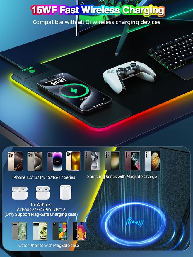 Wireless Charging Mouse Pad, 31.5"x11.81" XL Gaming Mousepad with 11 RGB Colors & 5 Lighting Modes, Home Office Large Desk Pad, Ultra-Smooth Surface, Non-Slip, Waterproof Keyboard Pad Black Desk Mat