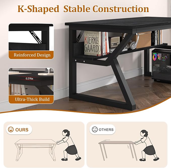 55 inch Computer Desk with Storage Shelf, K-Shaped Office Desk with Sturdy Metal Frame, Writing Gaming Work Desk with Waterproof Surface for Home Office & Bedroom, Black